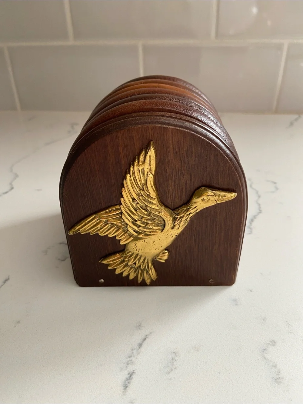 Vintage Wood Coaster Set Flying Duck Holder Cork Set of 6